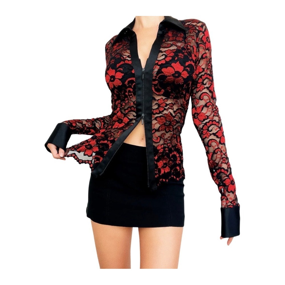 Cache Red Black Floral Lace Sheer Zip Front Long Sleeve Top Satin Trim S/M?
